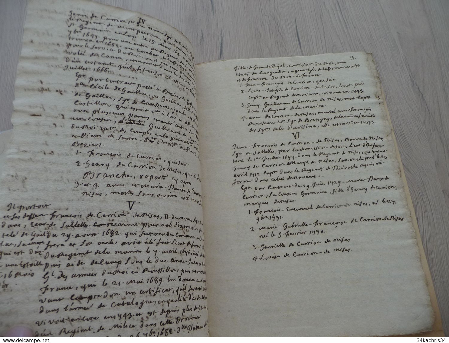 Hérault Carrion De Nisas Languedoc Manuscrit 10 Pages Généalogie Castelnau Lodève Clermont L'Hérault - Manuscrits