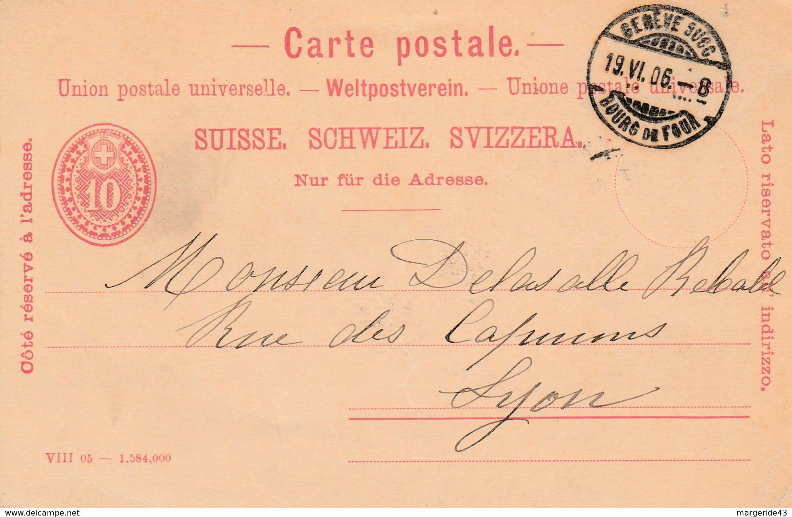 SUISSE CARTE DE GENEVE POUR LA FRANCE 1906 - Autres & Non Classés