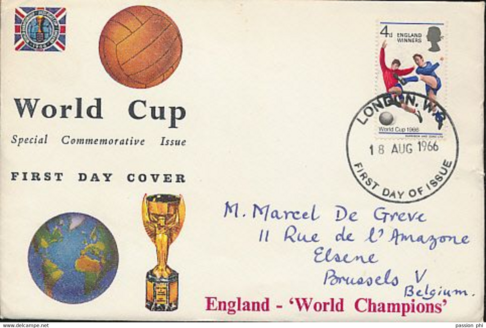 UK GREAT BRITAIN WORLD CUP 1966 FDC TO BELGIUM - 1952-1971 Pre-Decimale Uitgaves