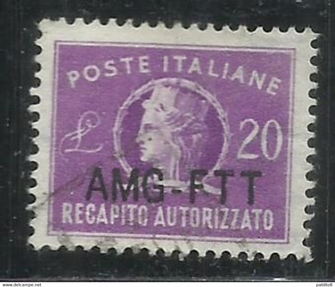 TRIESTE A 1954 AMG - FTT NUOVO TIPO DI SOPRASTAMPA ITALY OVERPRINTED RECAPITO AUTORIZZATO LIRE 20 USATO USED FIRMATO - Revenue Stamps