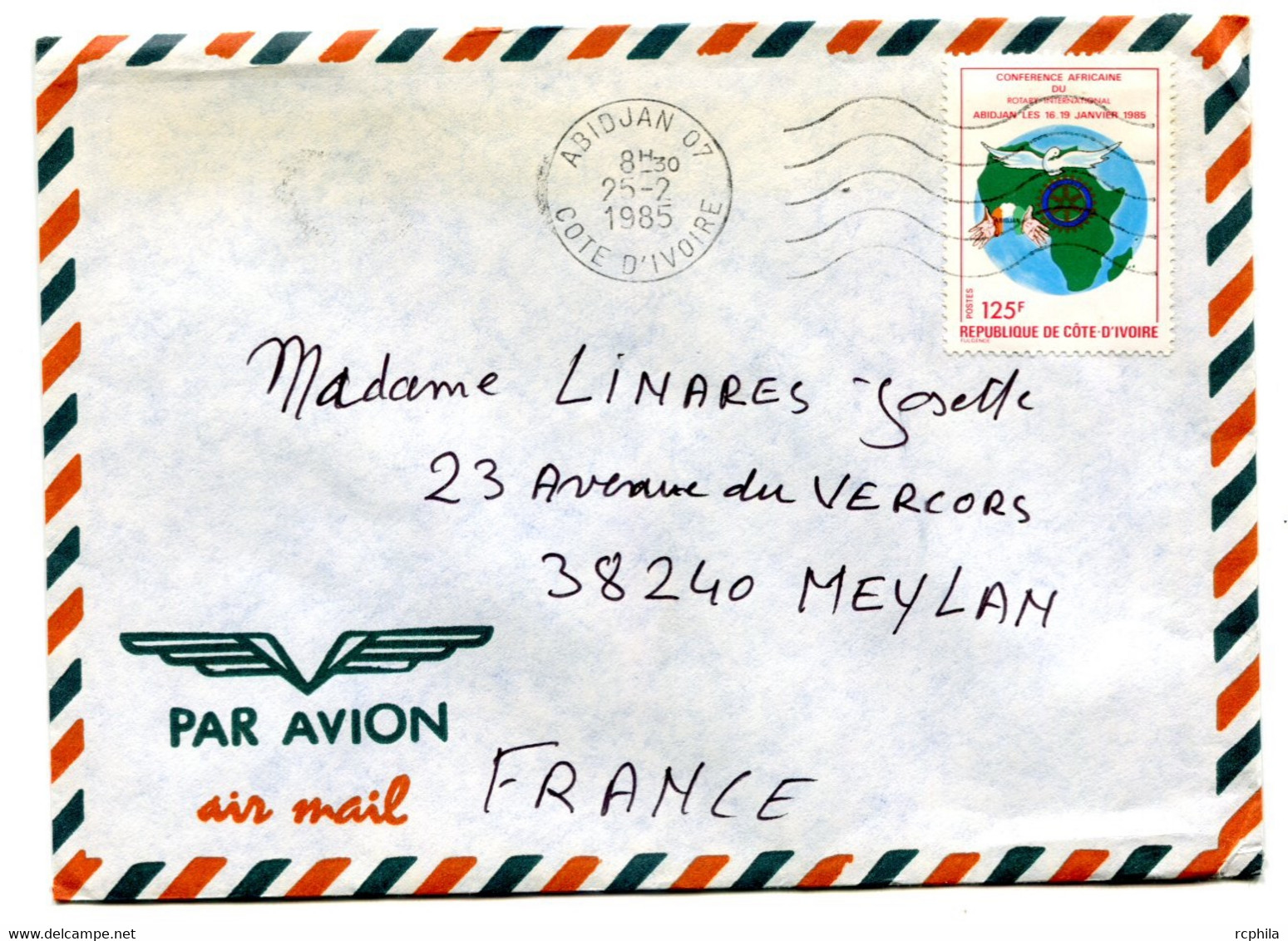 RC 18833 COTE D'IVOIRE N° 706 ROTARY OBL. MECANIQUE ABIDJAN 07 EN 1985 SEUL SUR LETTRE POUR LA FRANCE - Côte D'Ivoire (1960-...)