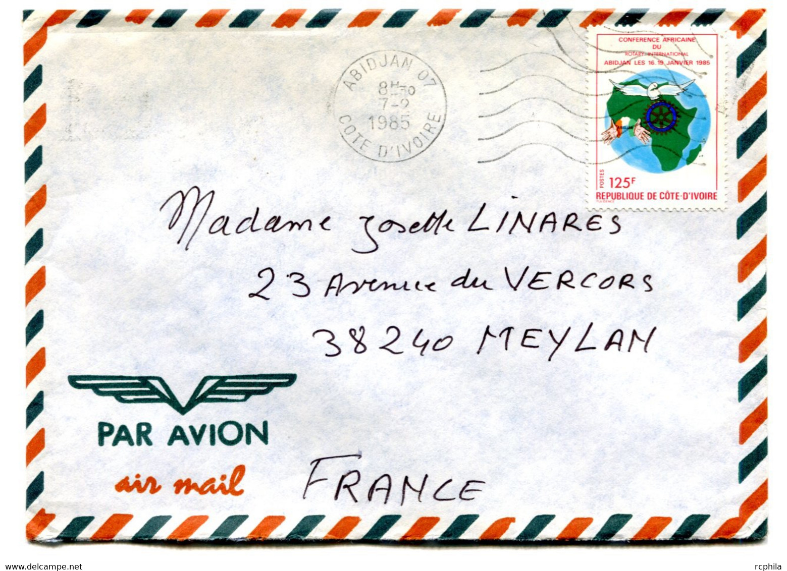 RC 18834 COTE D'IVOIRE N° 706 ROTARY OBL. MECANIQUE ABIDJAN 07 EN 1985 SEUL SUR LETTRE POUR LA FRANCE - Ivory Coast (1960-...)