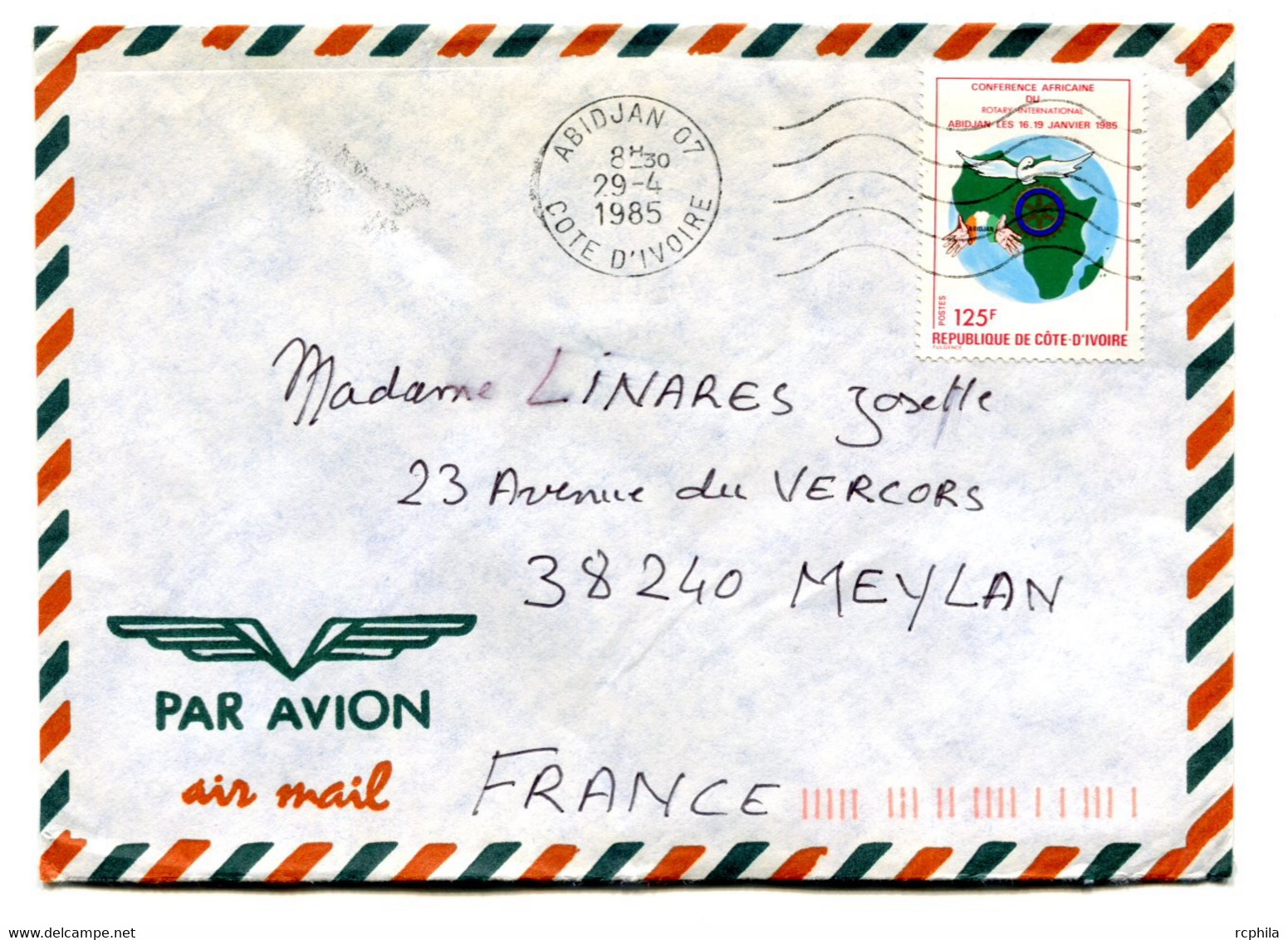 RC 18835 COTE D'IVOIRE N° 706 ROTARY OBL. MECANIQUE ABIDJAN 07 EN 1985 SEUL SUR LETTRE POUR LA FRANCE - Côte D'Ivoire (1960-...)