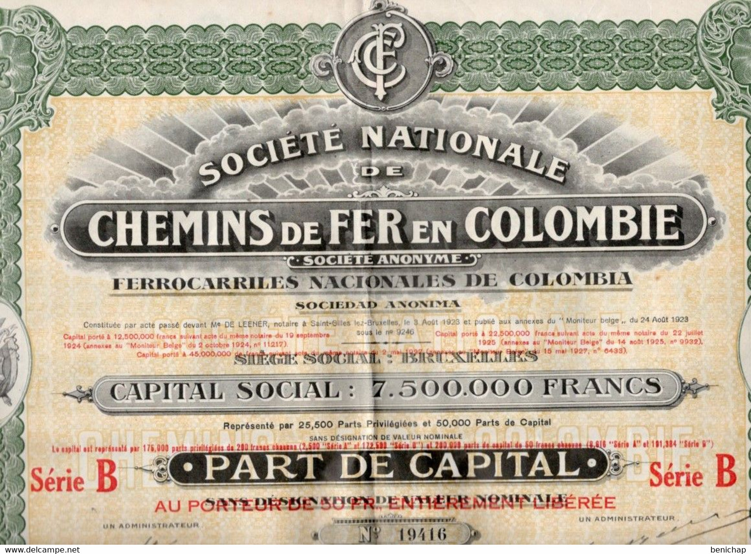 Part De Capital - Société Nationale De Chemins De Fer En Colombie - Ferrocarriles Nacionales De Colombia -Bruxelles 1927 - Spoorwegen En Trams