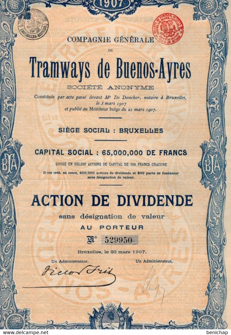 Action De Dividende Au Porteur - S.A DesTramways De Buenos-Ayres - Bruxelles 1907. - Chemin De Fer & Tramway