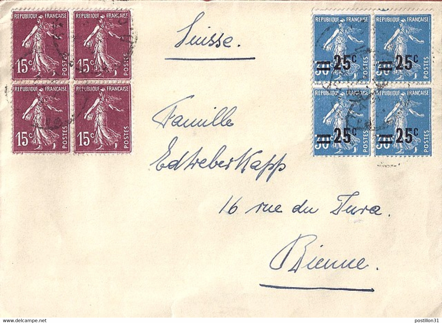 TYPE SEMEUSE CAMEE N°217x4/189x4 SUR LETTRE DE PARIS / 1927 POUR LA SUISSE - 1906-38 Semeuse Con Cameo