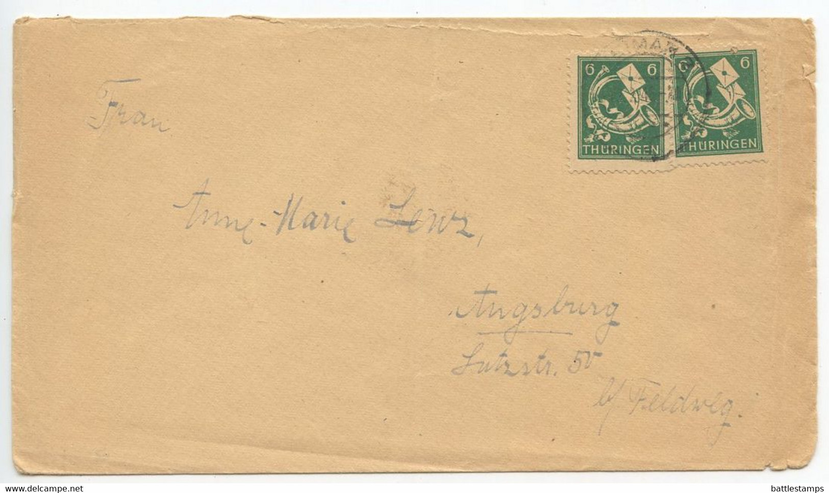 Germany - Thuringia 1946 Cover Weimar To Augsburg, Scott 16N4 Post Horn X 2 - Covers & Documents