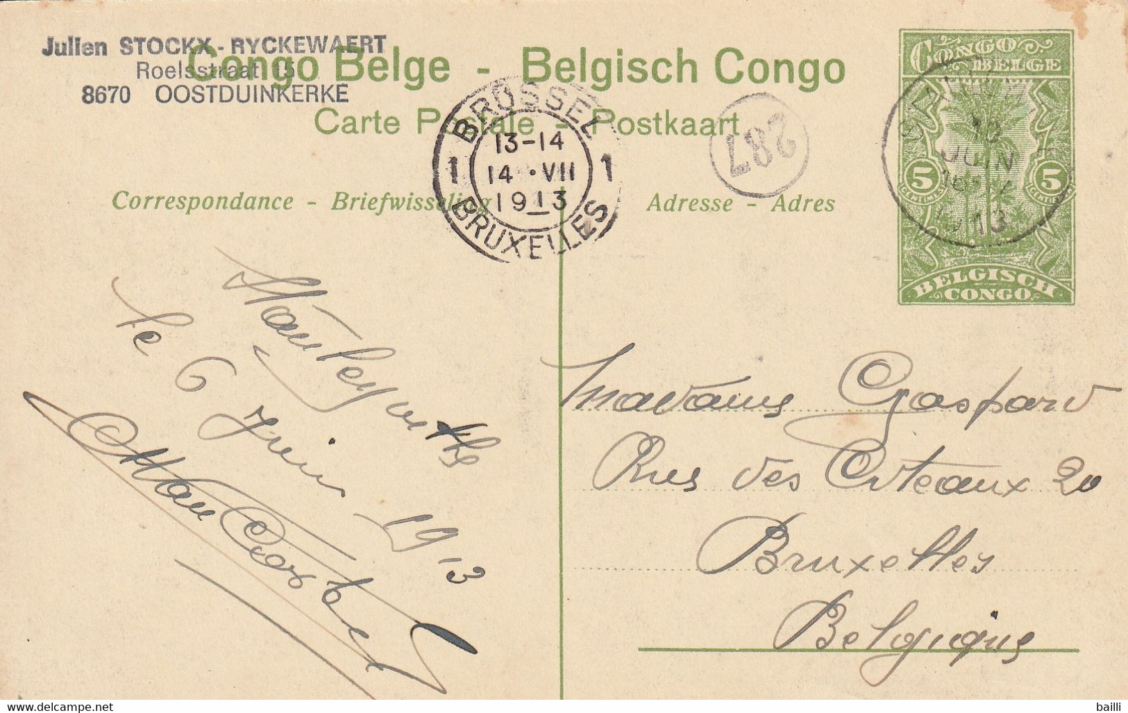 Congo Belge Entier Postal Illustré Pour La Belgique 1913 - Entiers Postaux