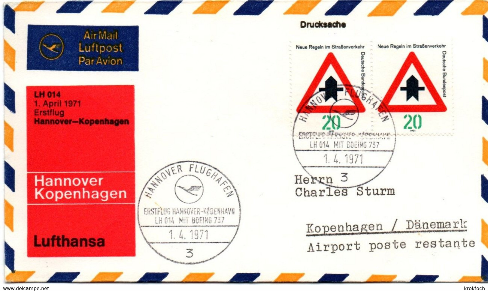 Hannover Kobenhavn 1971 - Inaugural Flight 1er Vol Erstflug Primo Volo - Lufthansa Boeing 737 - Copenhague Kopenhagen - Macchine Per Obliterare (EMA)