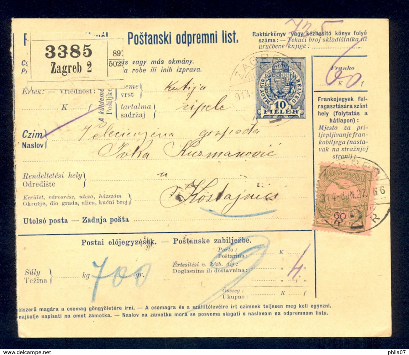 HUNGARY, CROATIA - Parcel Card For Package Sent From Zagreb To Kostajnica 1914. - Other & Unclassified