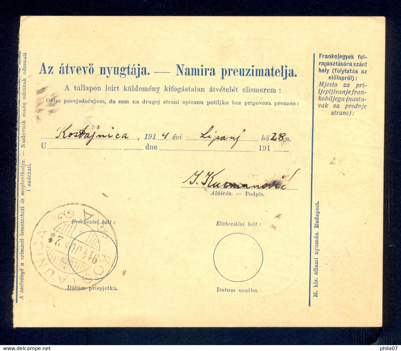 HUNGARY, CROATIA - Parcel Card For Package Sent From Zagreb To Kostajnica 1914. - Autres & Non Classés