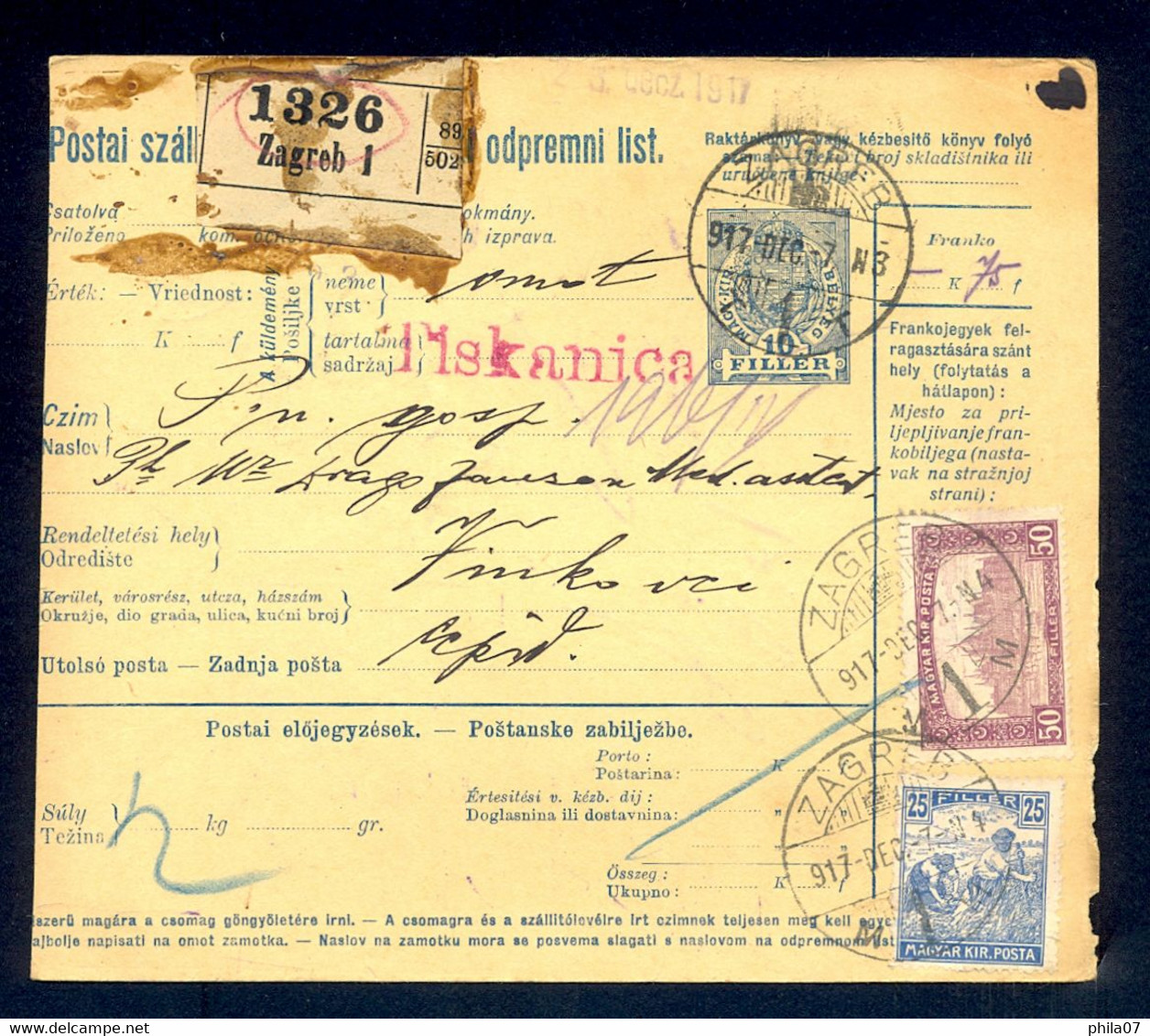 HUNGARY, CROATIA - Parcel Card For Package Sent From Zagreb To Vinkovci 1917. - Other & Unclassified