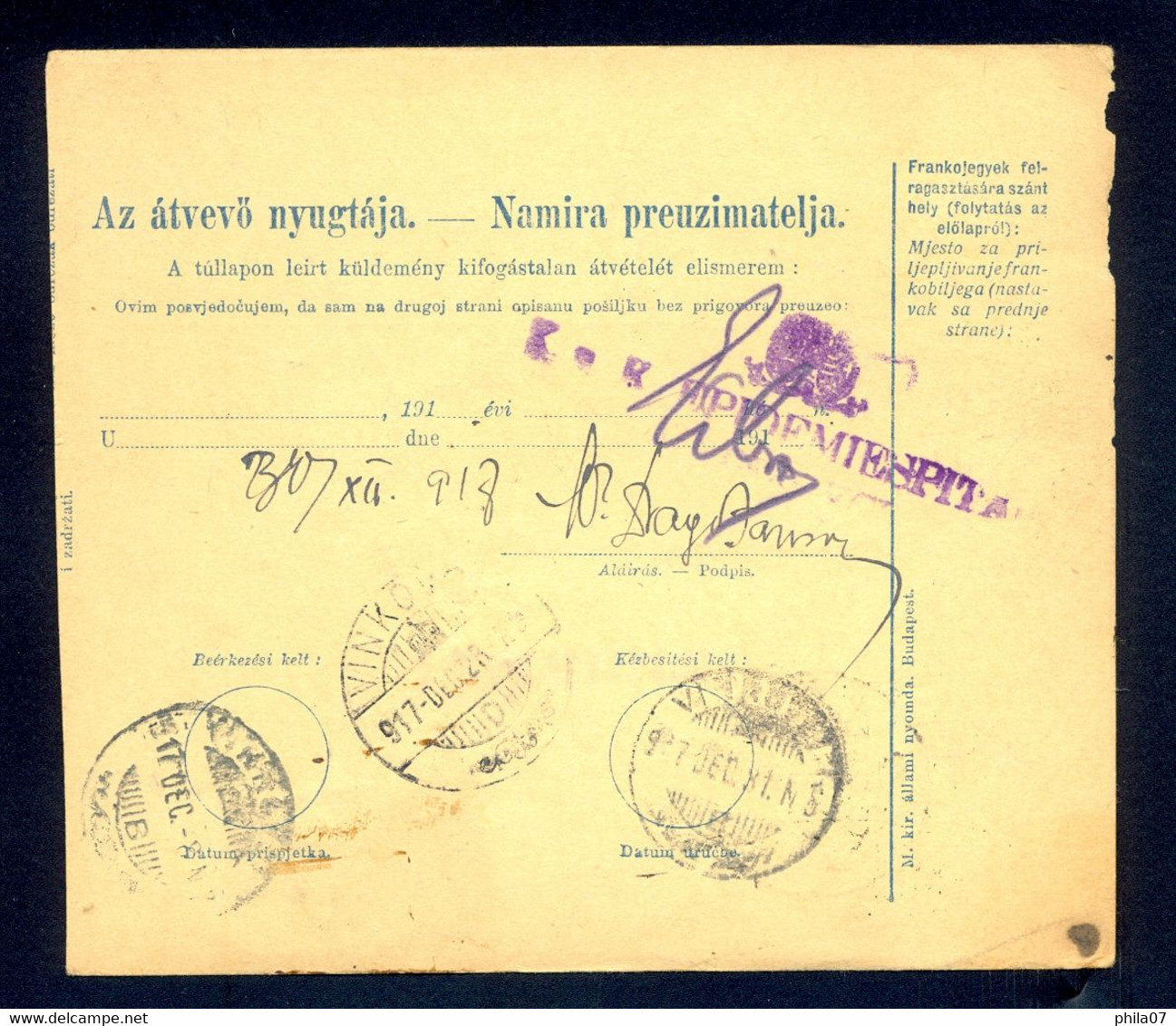 HUNGARY, CROATIA - Parcel Card For Package Sent From Zagreb To Vinkovci 1917. - Andere & Zonder Classificatie