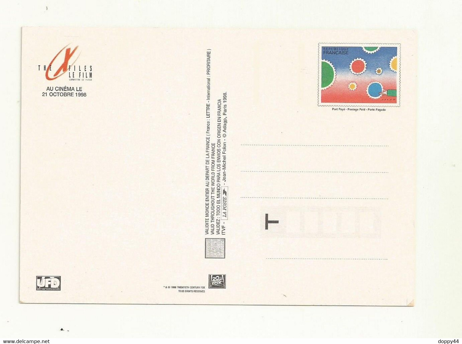 ENTIER POSTAL SUR  CARTE  THEME CINEMA LE FILM  X FILES   ( TP  FOLON 1982  N° 2200)  NEUF  SUPERBE. - Pseudo-entiers Officiels