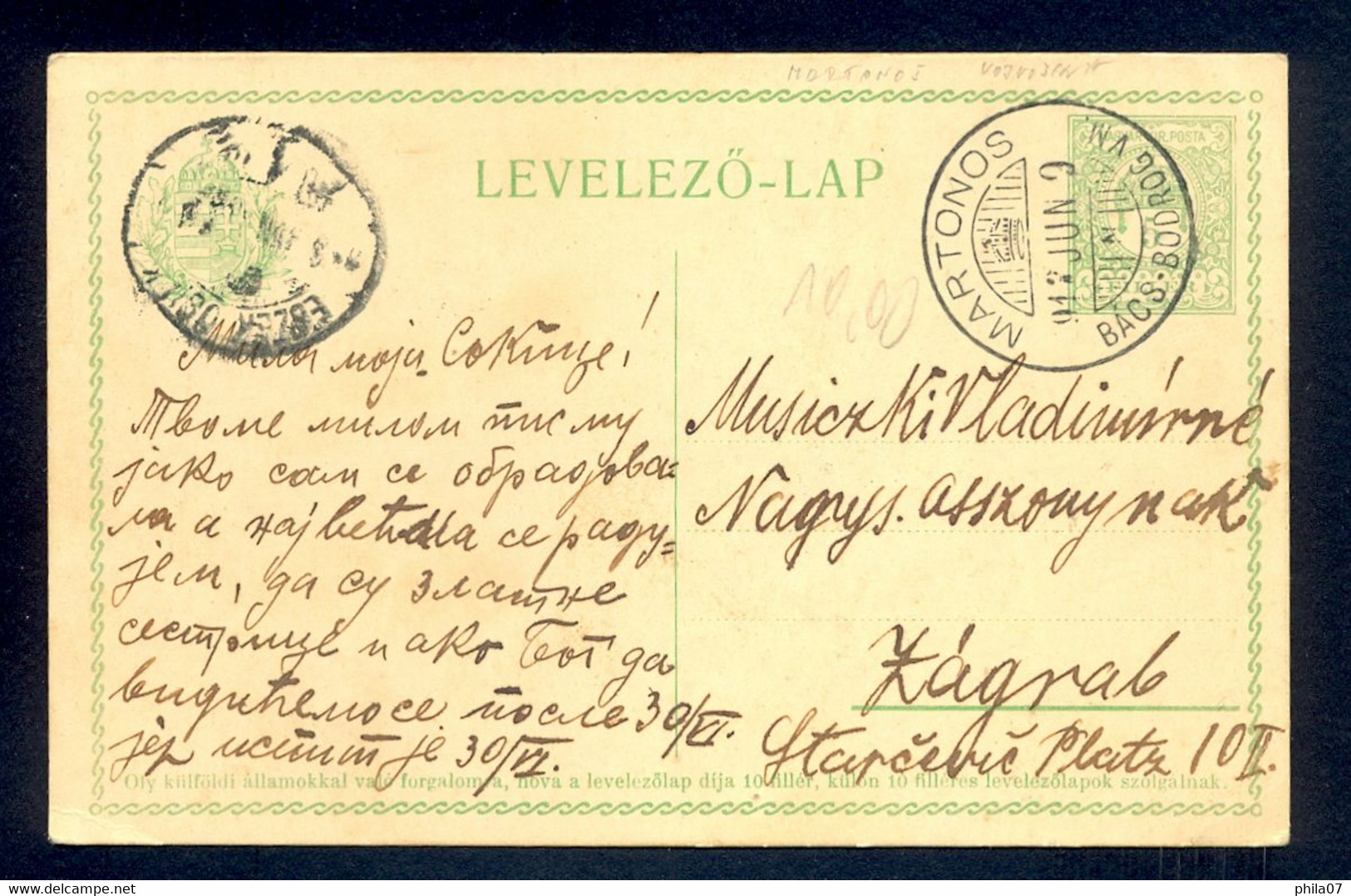 HUNGARY - Stationery With Nice Cancel MORTONS BACS-BODROG Sent To Zagreb 09.06. 1912 - Autres & Non Classés