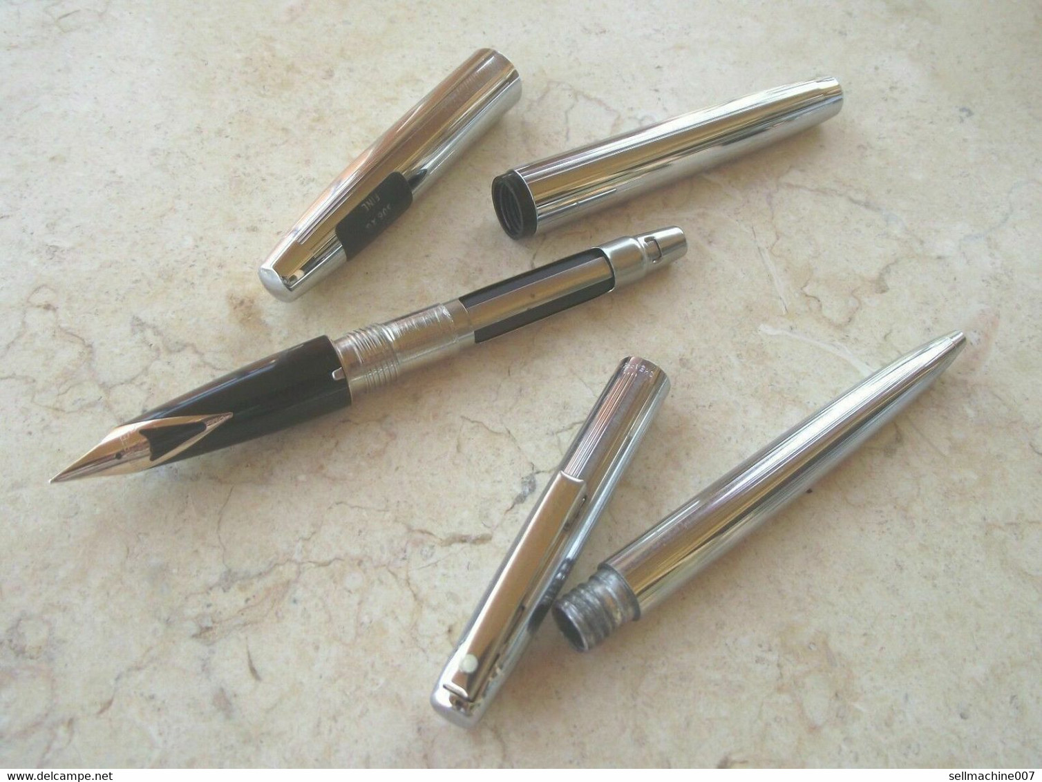 Sheaffer Imperial White Dot Chrome SET New Fountain Pen 14K Gold Nib & Used Ball Point - Fluted Pattern - Pens