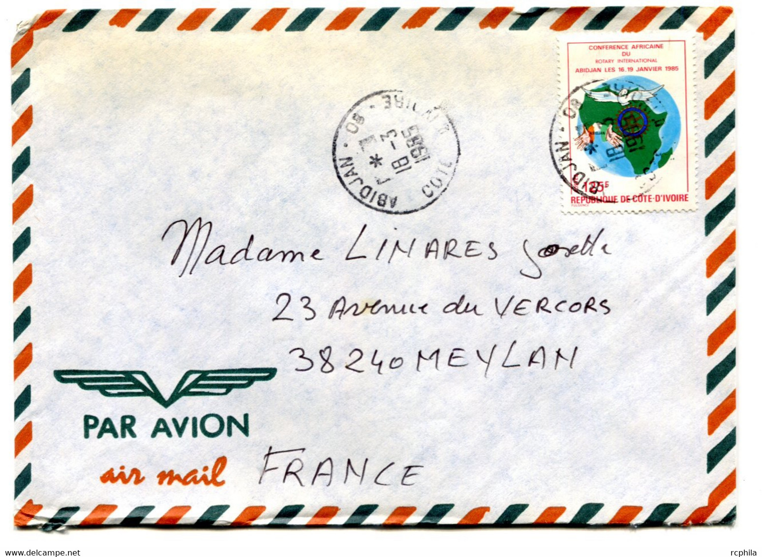 RC 18844 COTE D'IVOIRE N° 706 ROTARY OBL. ABIDJAN 08 EN 1985 SEUL SUR LETTRE POUR LA FRANCE - Ivory Coast (1960-...)