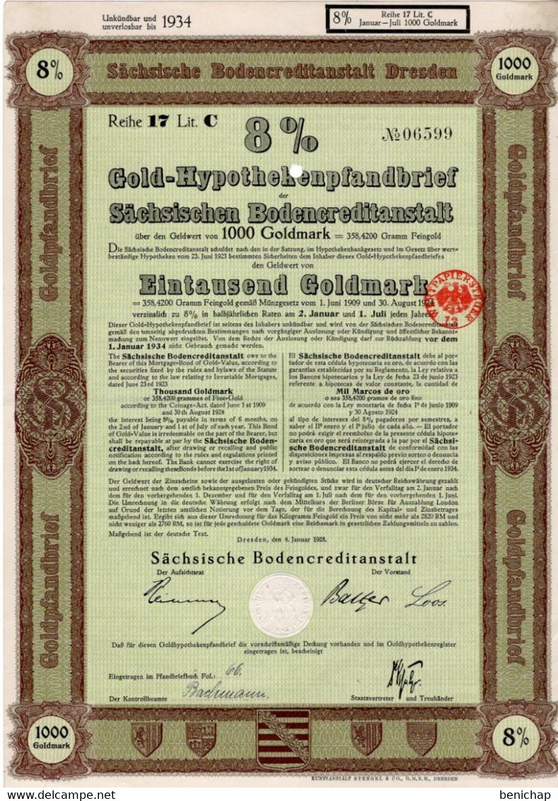 Gold Hypothekenpfandbrief - Saechsische Bodencreditanstalt - 1000 Goldmark - Dresden 1928 - Banque & Assurance