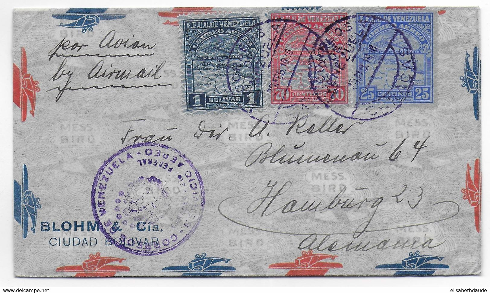 VENEZUELA - 1936 - SUPERBE TRICOLORE Sur ENVELOPPE Par AVION De CARACAS => HAMBURG (GERMANY) - Venezuela