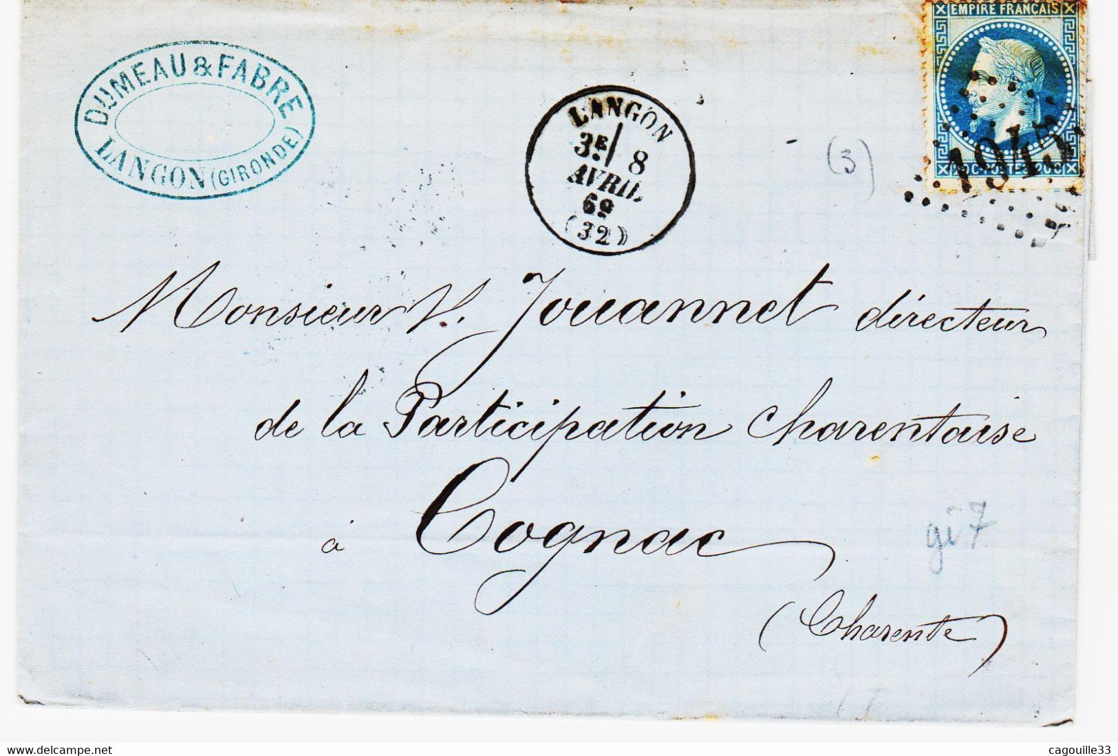 France,  Gironde, Langon Type 17 En 1870  Gc 1945 Pour Bordeaux Ind 3 TB - 1849-1876: Période Classique