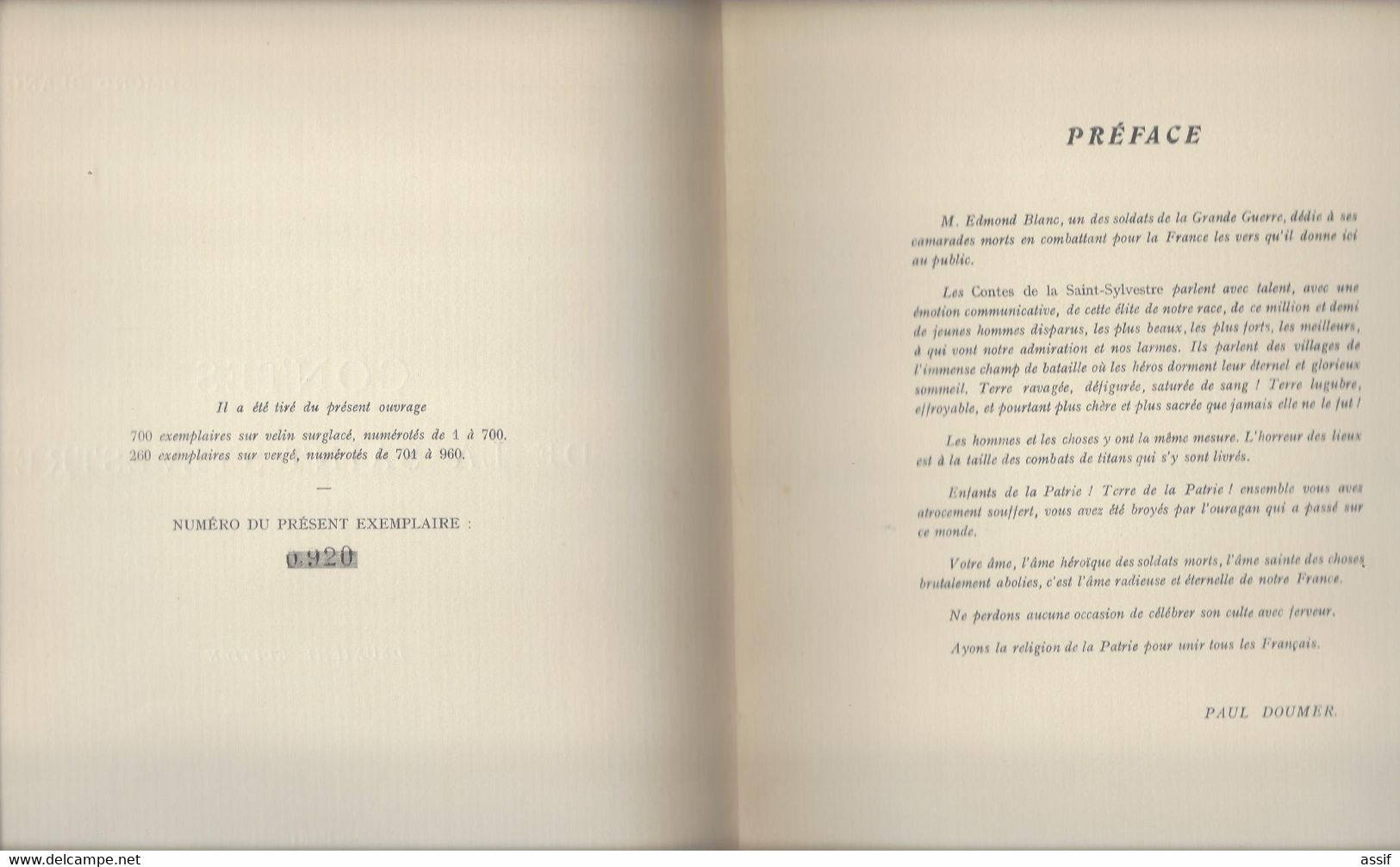 Edmond Blanc , Contes de la St-Sylvestre  h.t. C.  Blanc ,br.  in 4 , 1921 vergé N° , préface paul Doumer + Autographes