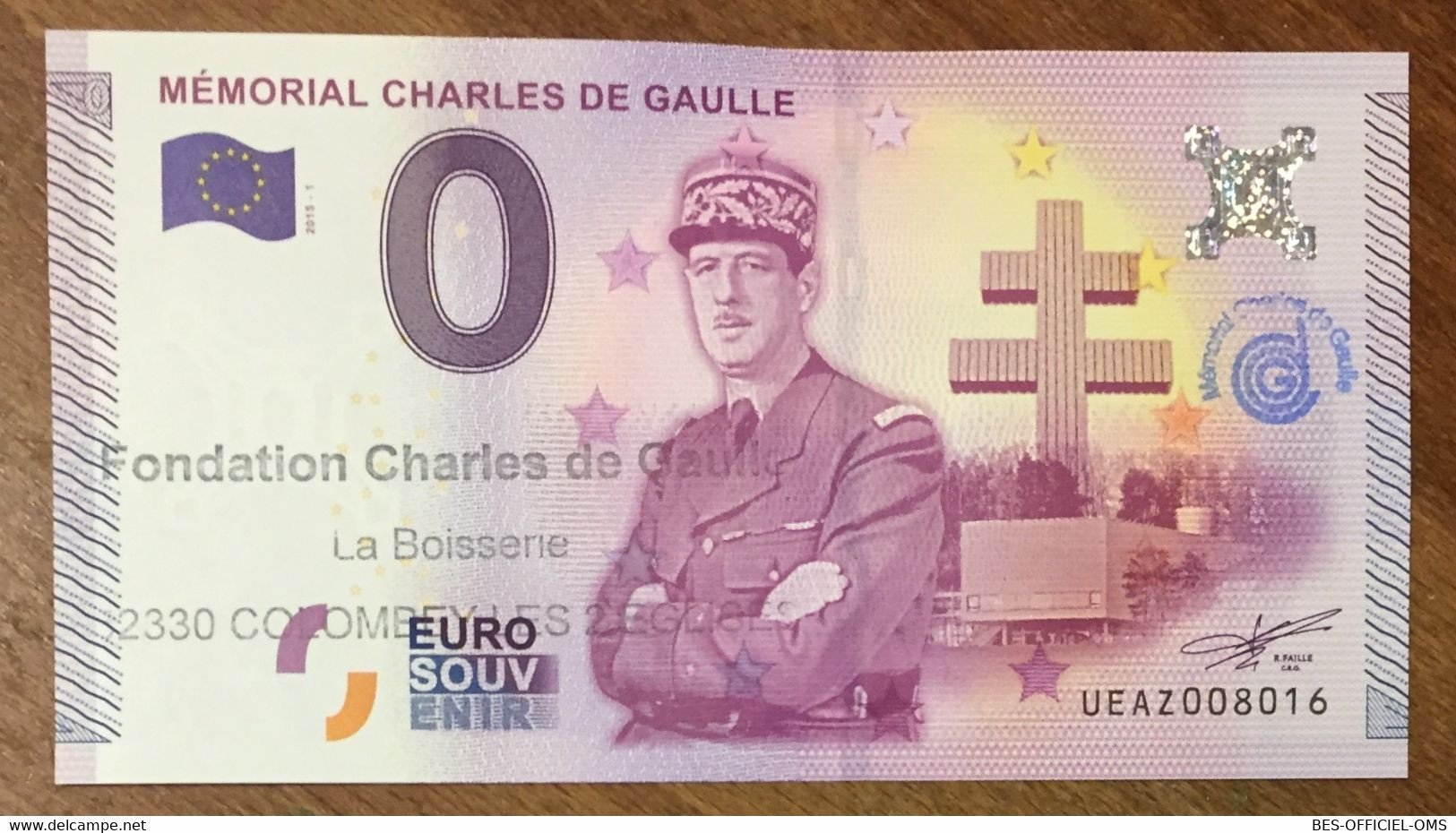 2015 BILLET 0 EURO SOUVENIR DPT 50 MÉMORIAL CHARLES DE GAULLE + TAMPONS ZERO 0 EURO SCHEIN BANKNOTE PAPER MONEY - Essais Privés / Non-officiels