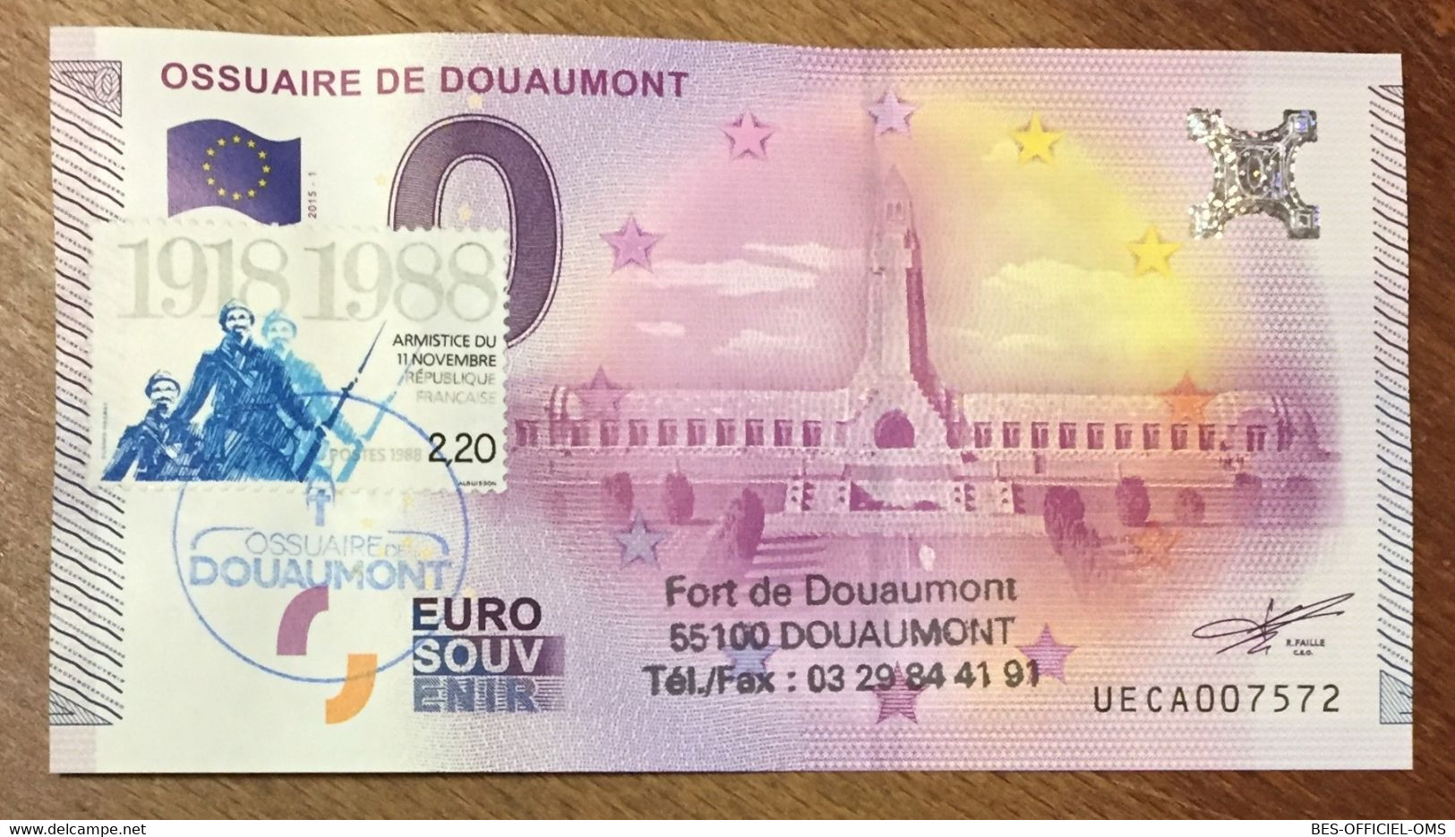 2015 BILLET 0 EURO SOUVENIR DPT 55 OSSUAIRE DE DOUAUMONT + TIMBRE ZERO 0 EURO SCHEIN BANKNOTE PAPER MONEY - Essais Privés / Non-officiels