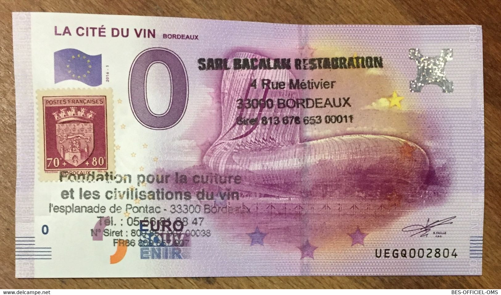 2016 BILLET 0 EURO SOUVENIR DPT 33 LA CITÉ DU VIN BORDEAUX + TIMBRE ZERO 0 EURO SCHEIN BANKNOTE PAPER MONEY BANK - Essais Privés / Non-officiels