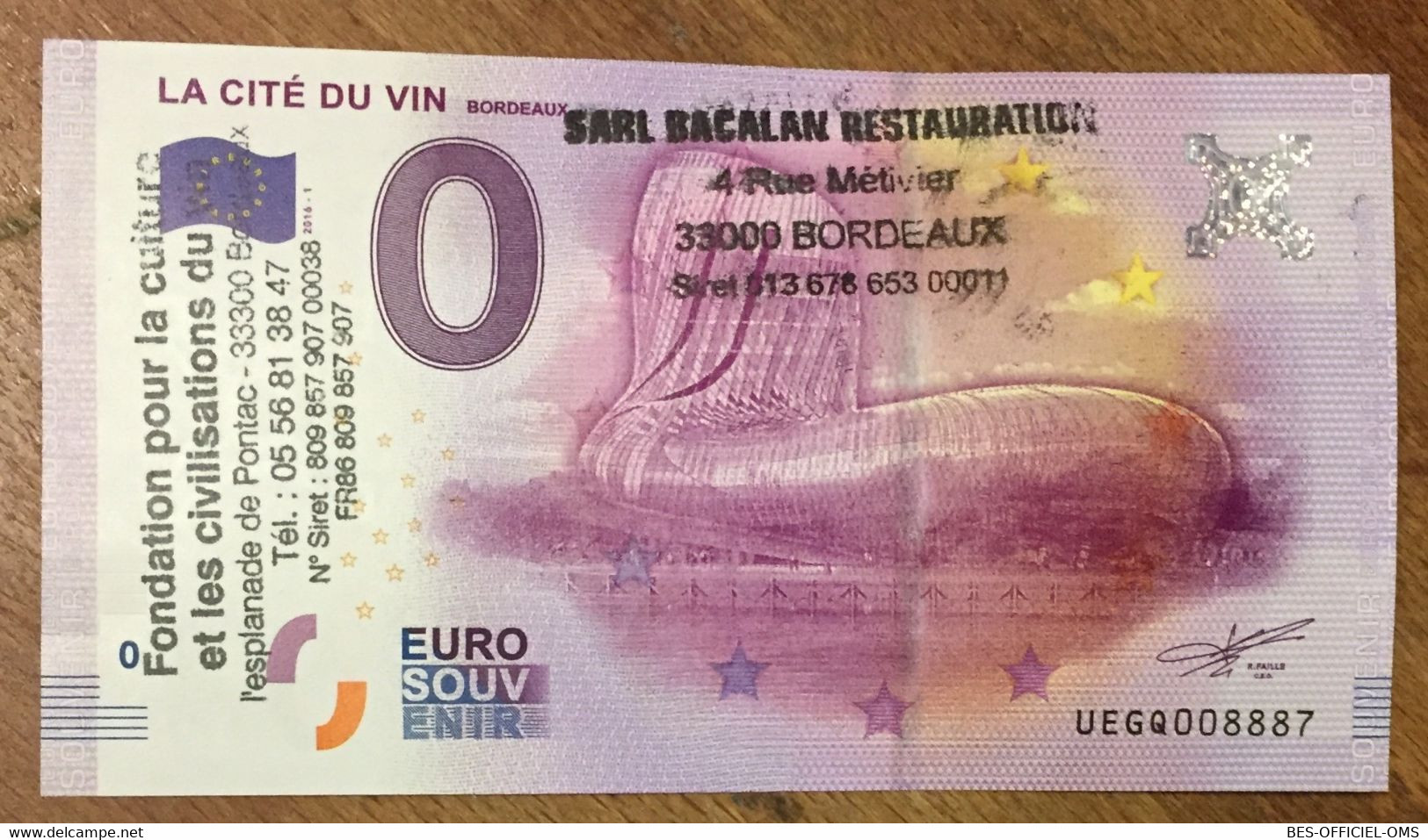 2016 BILLET 0 EURO SOUVENIR DPT 33 LA CITÉ DU VIN BORDEAUX + TAMPON ZERO 0 EURO SCHEIN BANKNOTE PAPER MONEY BANK - Essais Privés / Non-officiels