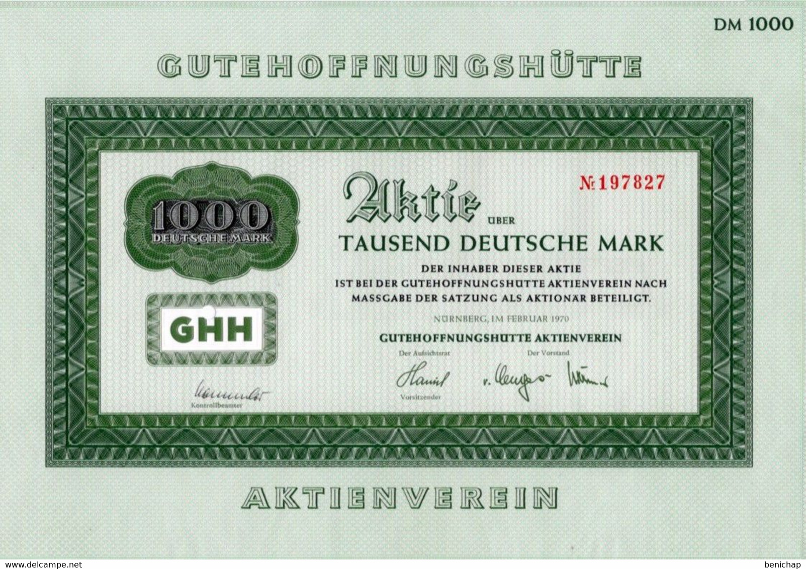 Aktie - Action - Gutehoffnungshutte DM 1000 - Nürnberg 1970. - Banque & Assurance