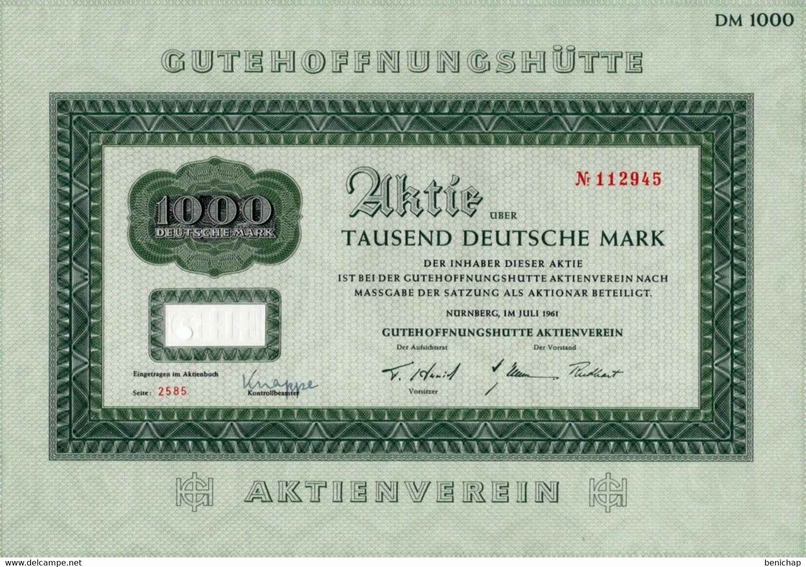 Aktie - Action - Gutehoffnungshutte DM 1000 - Nürnberg 1961. - Banque & Assurance