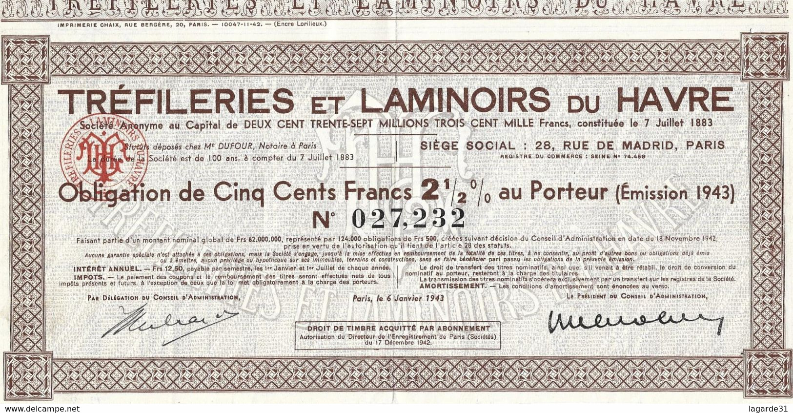 Obligation De 500 Fr (emission De 1943) Tréfileries Et Laminoirs Du Havre - Industrie