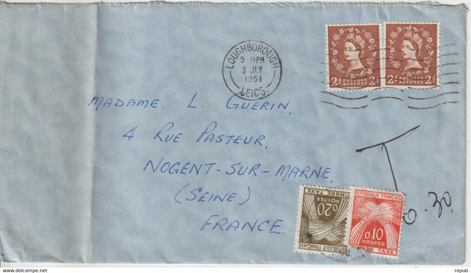 Lettre Loughborough 1961 Pour La France Avec Taxe à L'arrivée - 1961-....