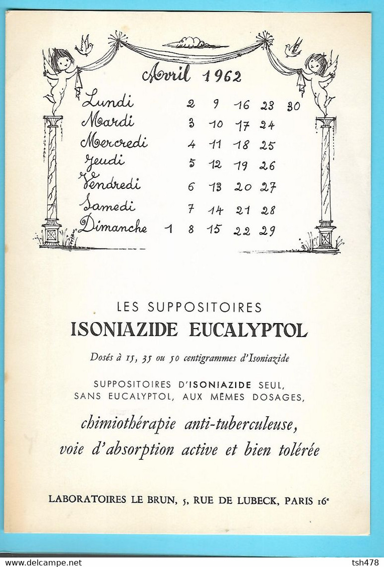 CALENDRIER---AVRIL 1962---Laboratoire LE BRUN--illustration PEYNET---isoniazide Eucalyptol---voir 2 Scans - Grand Format : 1961-70