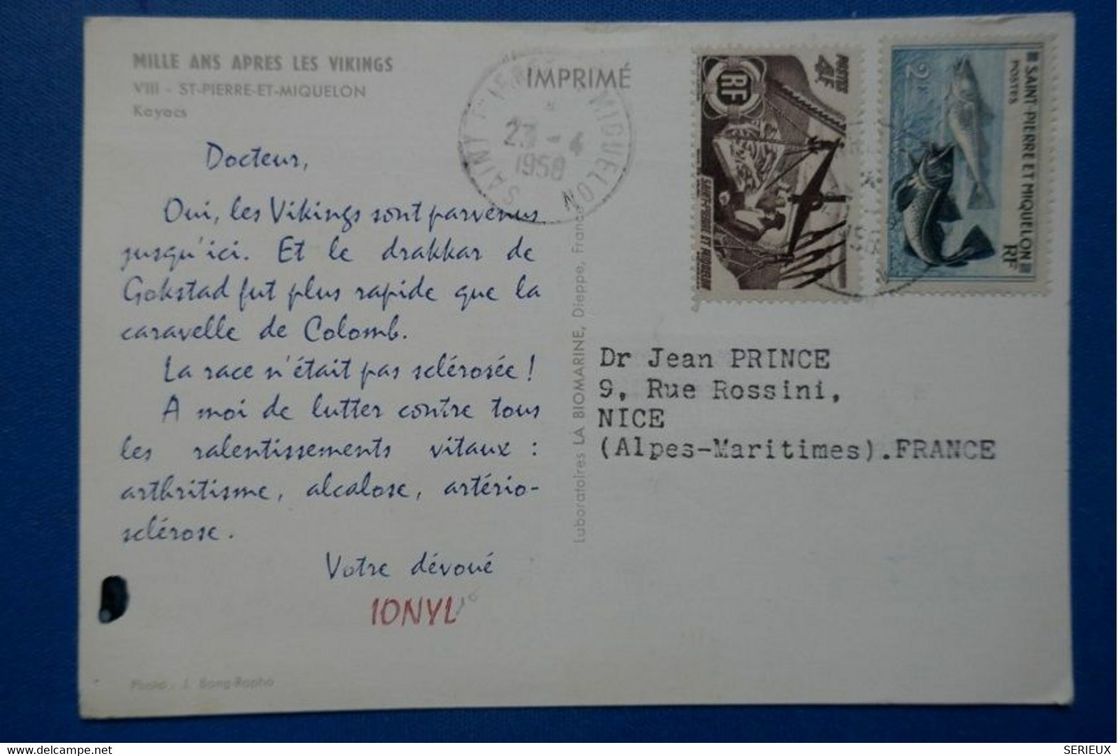 3 FRANCE SAINT PIERRE ET MIQUELON CPA 1958 POUR NICE RUE ROSSINI Voir Image Kayacs Esquimaux - Brieven En Documenten