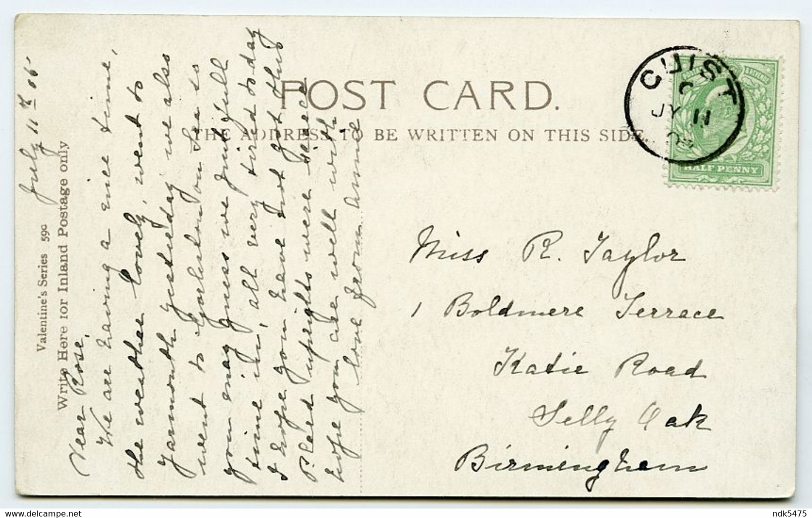 GREAT YARMOUTH : SOUTH BEACH GARDENS / POSTMARK - GUIST / ADDRESS - SELLY OAK, KATIE ROAD, BIRMINGHAM, BOLDMERE TERR - Great Yarmouth