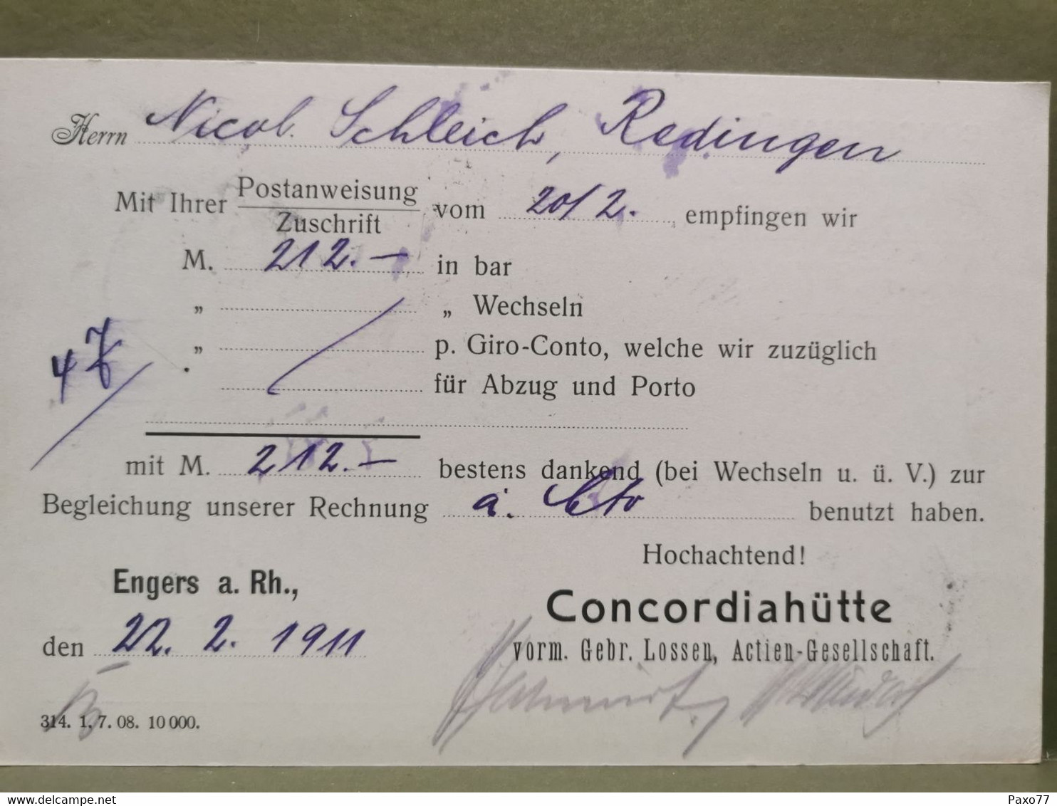 Postkarte, Concordiahutte, Bendorf . Envoyé à Redingen Luxembourg 1911 - Sonstige & Ohne Zuordnung