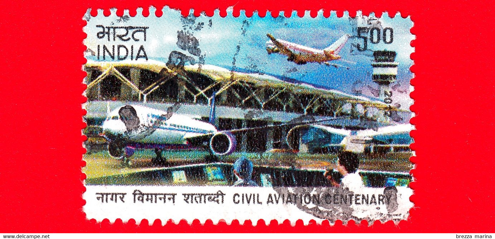 INDIA  - Usato - 2012 - 100 Anni Dell'Aviazione Civile - Sala Di Controllo Di Volo, Aerei Ed Edificio  - 5.00 - Used Stamps