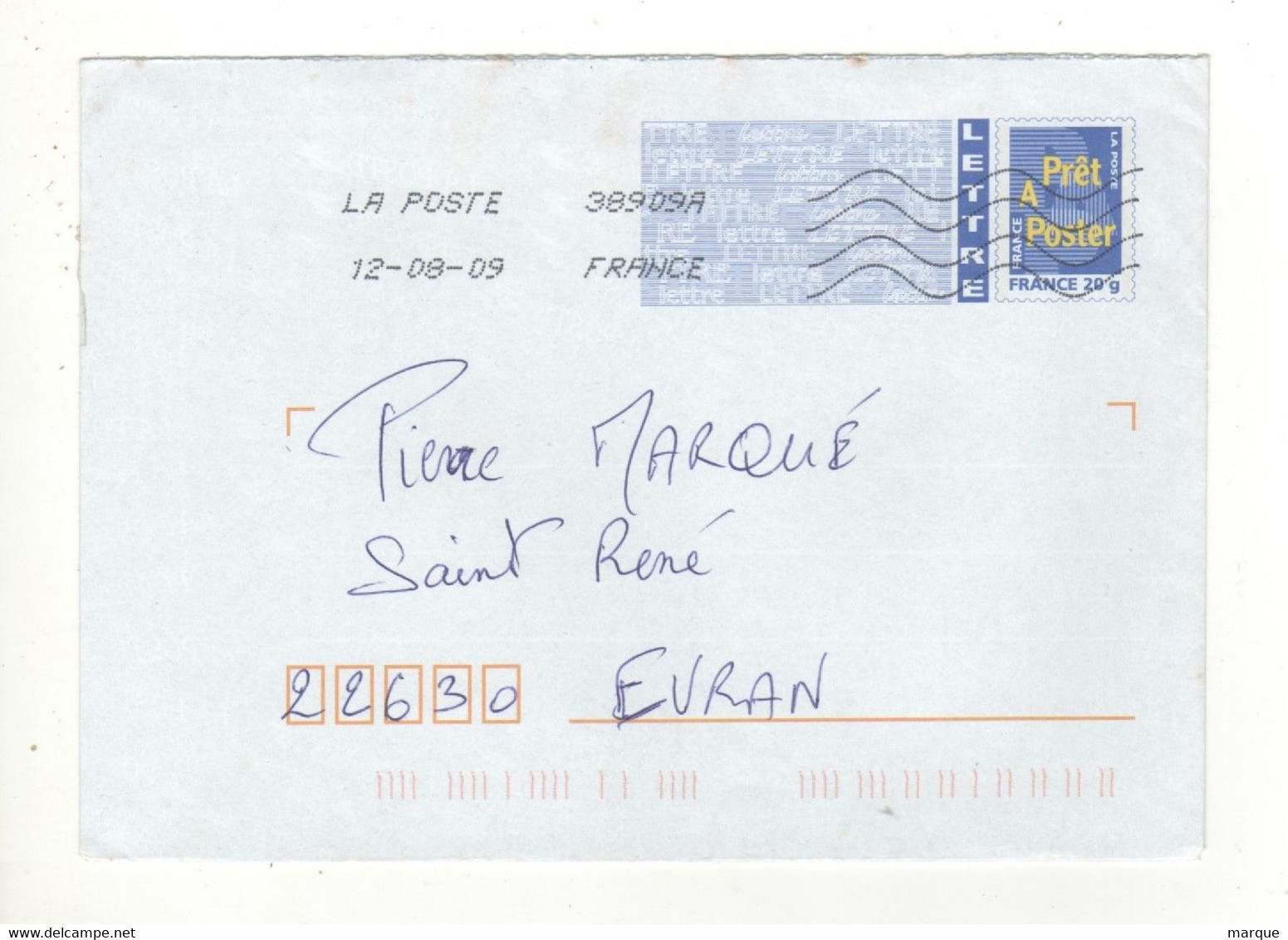 Enveloppe Prêt à Poster FRANCE 20g Oblitération LA POSTE 38909A 12/08/2009 - PAP : Bijwerking /Logo Bleu