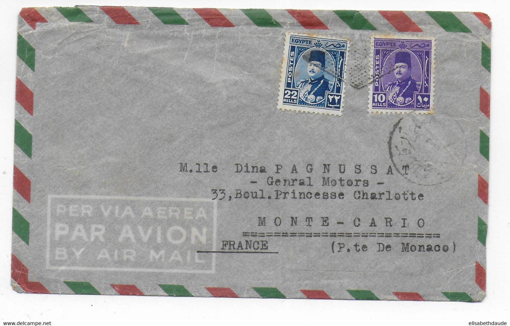 EGYPTE - 1949 - ENV. Du NAVIRE ITALIEN T/S "PENSILVANIA" CENSUREE SUEZ => PRINCIPAUTE De MONACO ! OBLITERATION LOSANGE ! - Storia Postale