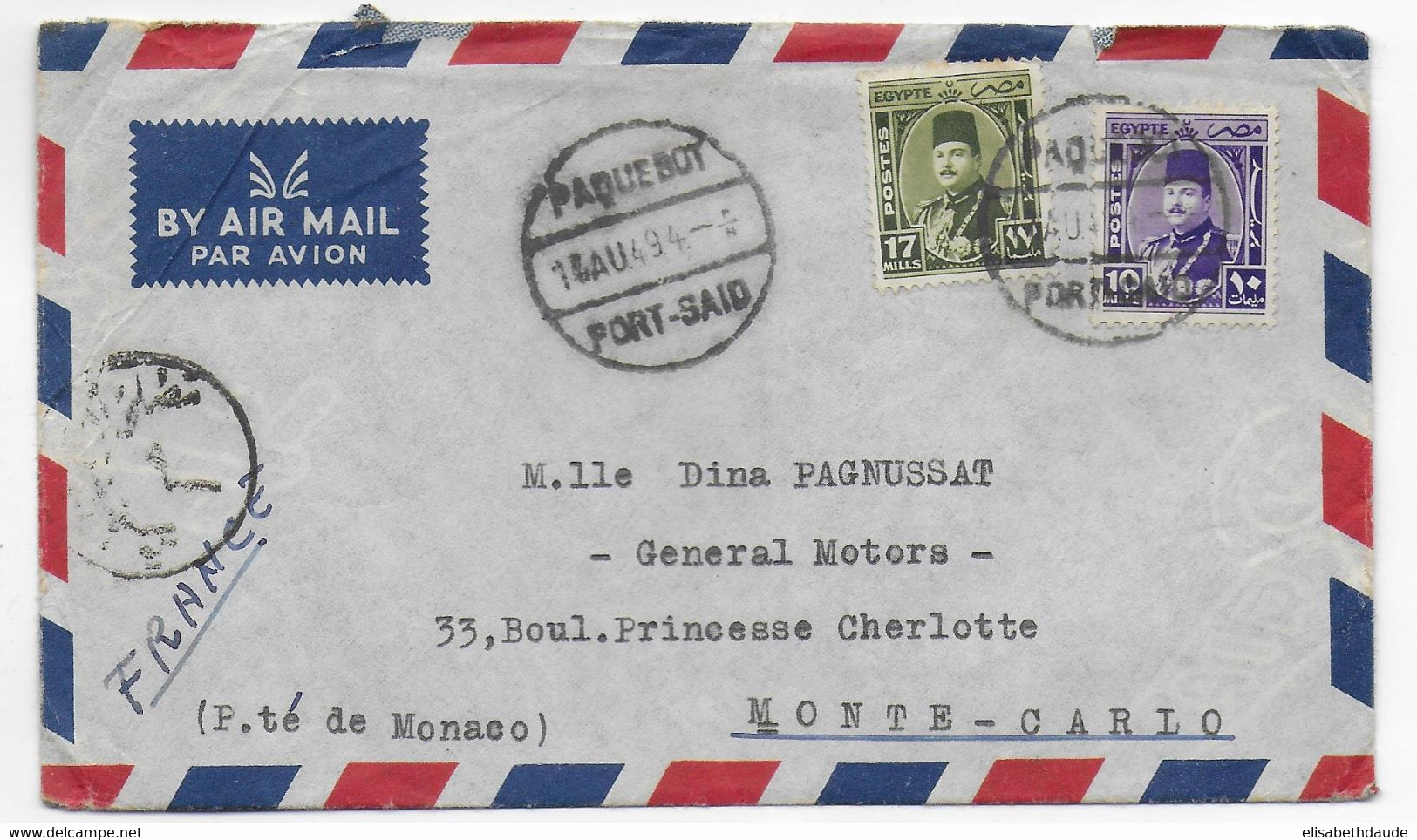 EGYPTE - 1949 - ENV. Du NAVIRE ITALIEN T/S "PENSILVANIA" CENSUREE SUEZ => PRINCIPAUTE De MONACO ! OBLITERATION PAQUEBOT - Storia Postale