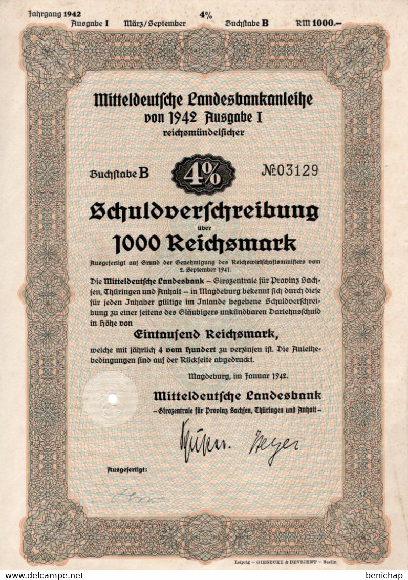 Germany - Magdeburg 1942 - Mitteldeutsche Landesbankanleihe - Schuldoerfchreibung über 1000 Reichsmark. - Banque & Assurance