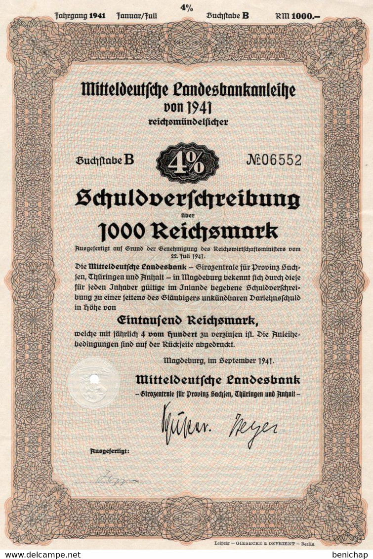 Germany - Magdeburg 1941 - Mitteldeutsche Landesbankanleihe - Schuldoerfchreibung über 1000 Reichsmark. - Banque & Assurance