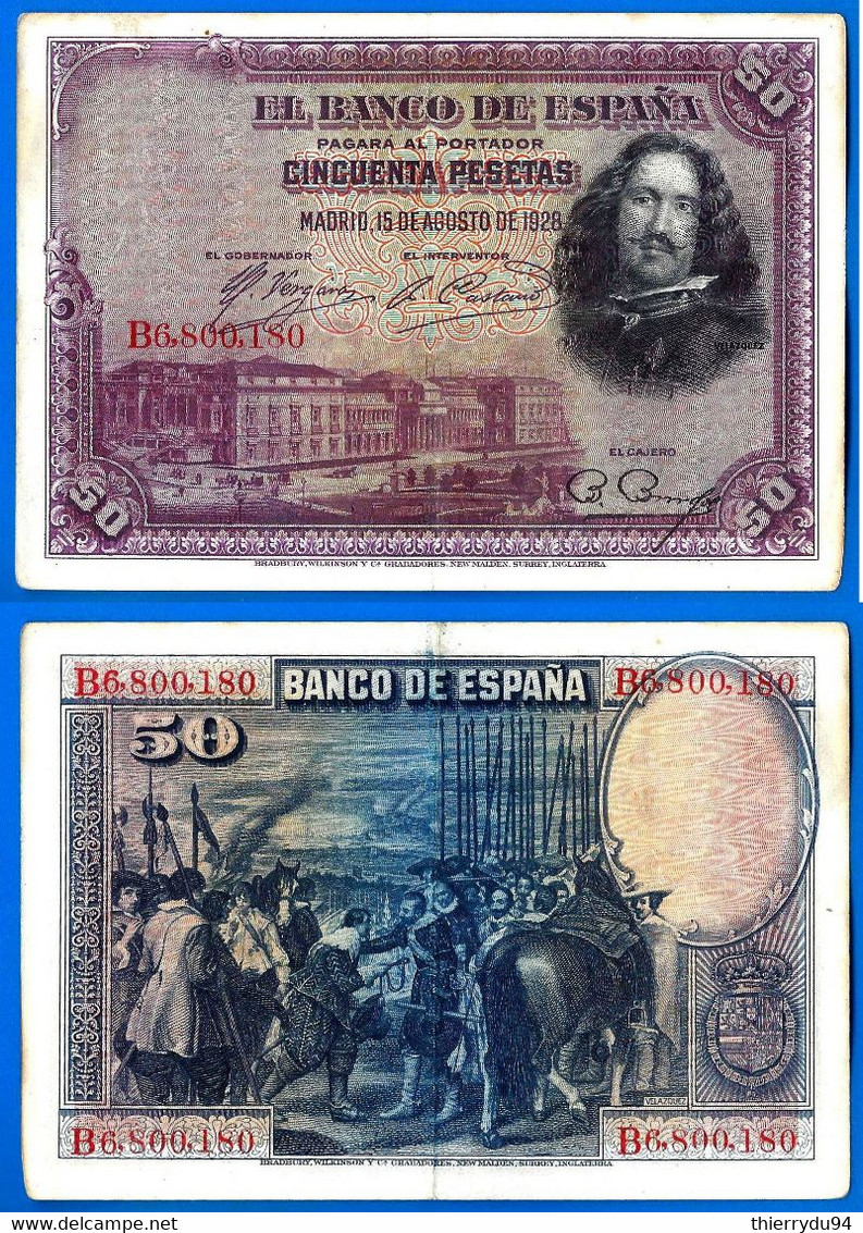 Espagne 50 Pesetas 1928 Prefix B Velazquez Que Prix + Port Peseta Billet Paypal Bitcoin OK! - 50 Pesetas