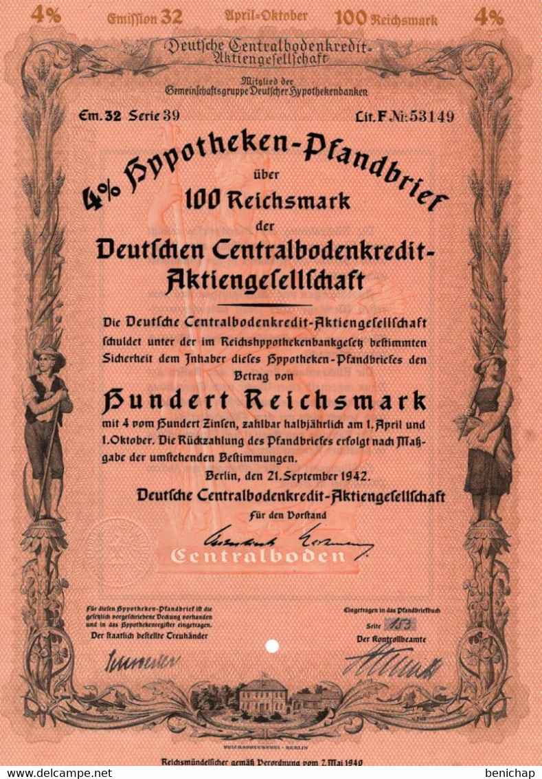 Germany - Berlin 1942 - Deutsche Centralbodenkredit Aktiengesellschaft - 4 % Hyppotheken über 100 Reichsmark. - Banque & Assurance