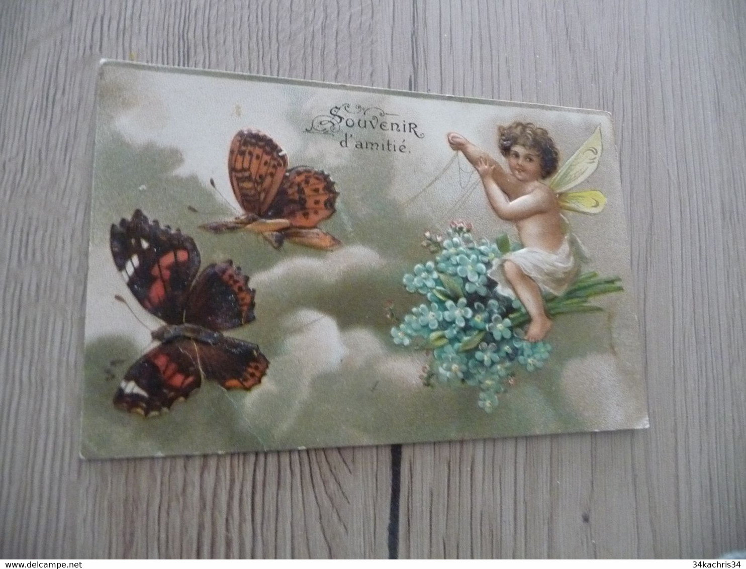 CPA 1907 Gaufrée Souvenir De L'amitié Traineau Attelage Papillons Buterfly + Enfant Ange Angelot - Anges