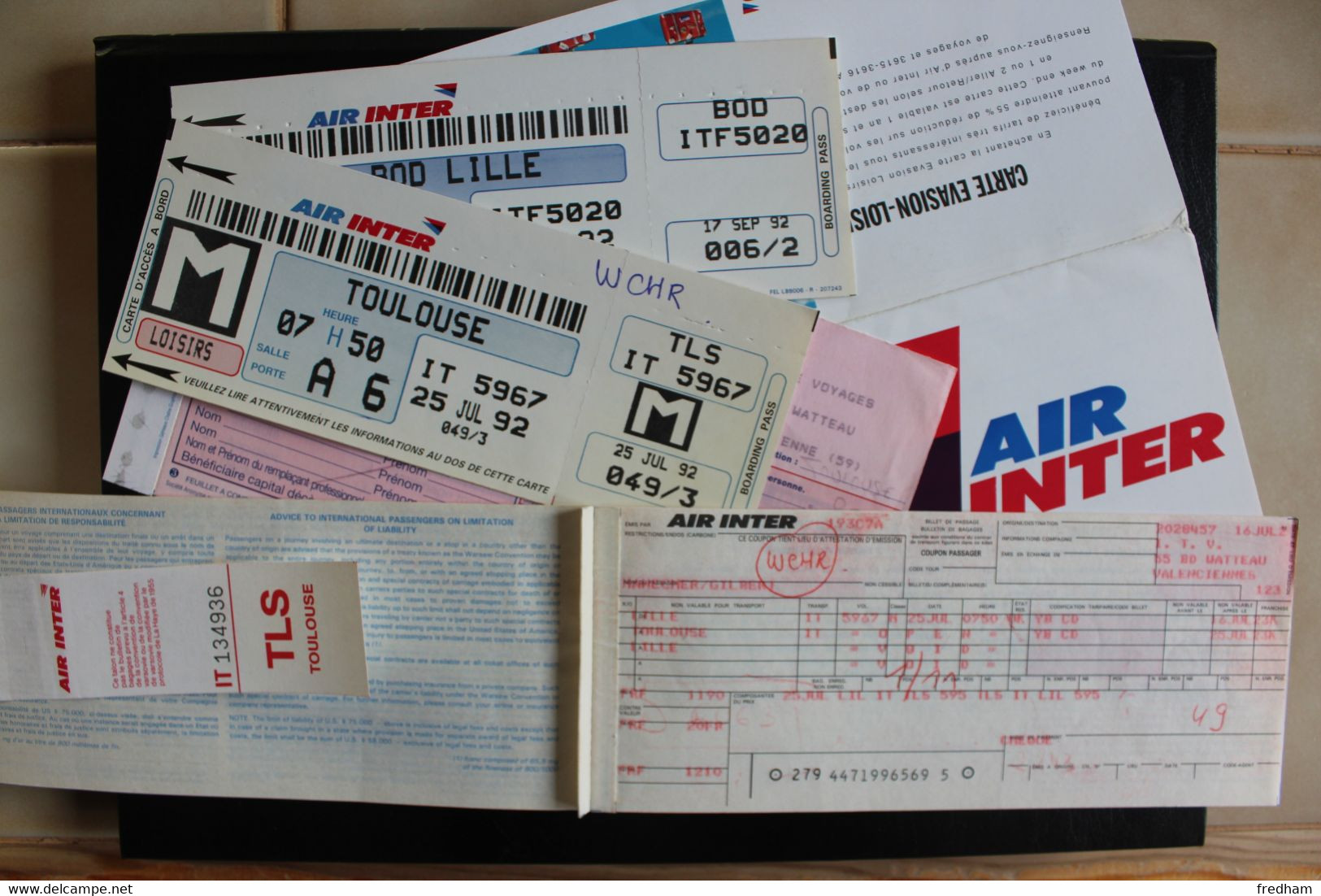 1992 AIR INTER BILLET VOL INTERIEUR LILLE-TOULOUSE BILLET DE PASSAGE ET BULLETIN DE BAGAGES ASSURANCES - Tickets