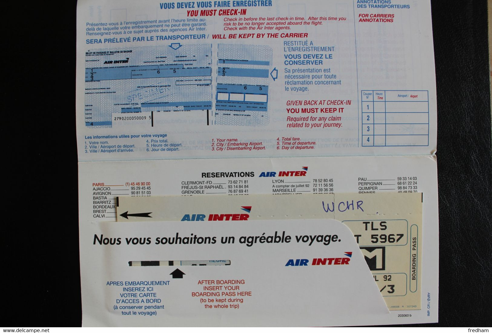 1992 AIR INTER BILLET VOL INTERIEUR LILLE-TOULOUSE BILLET DE PASSAGE ET BULLETIN DE BAGAGES ASSURANCES - Tickets