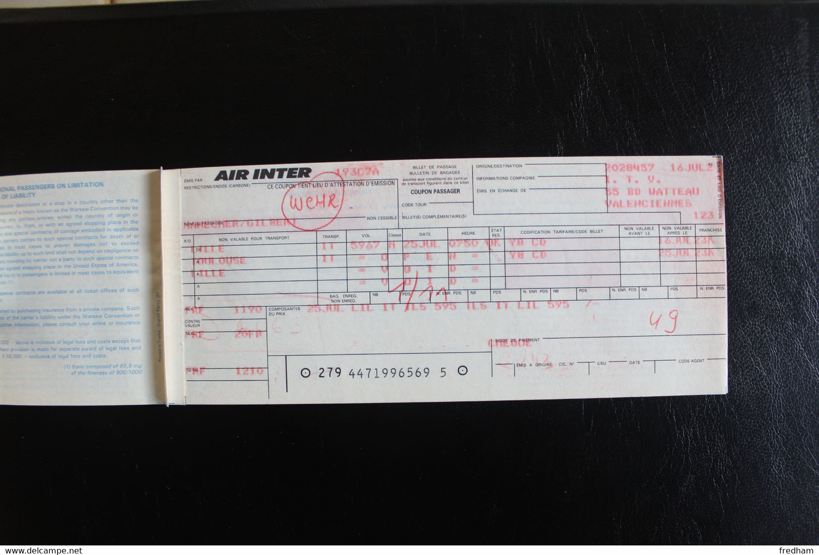 1992 AIR INTER BILLET VOL INTERIEUR LILLE-TOULOUSE BILLET DE PASSAGE ET BULLETIN DE BAGAGES ASSURANCES