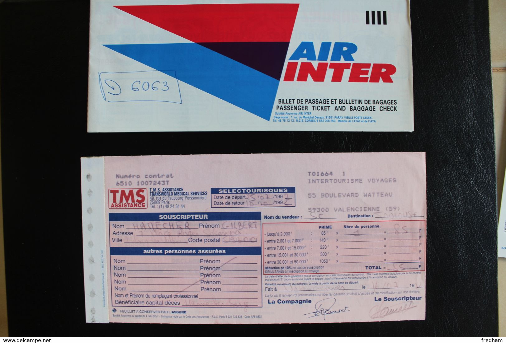 1992 AIR INTER BILLET VOL INTERIEUR LILLE-TOULOUSE BILLET DE PASSAGE ET BULLETIN DE BAGAGES ASSURANCES